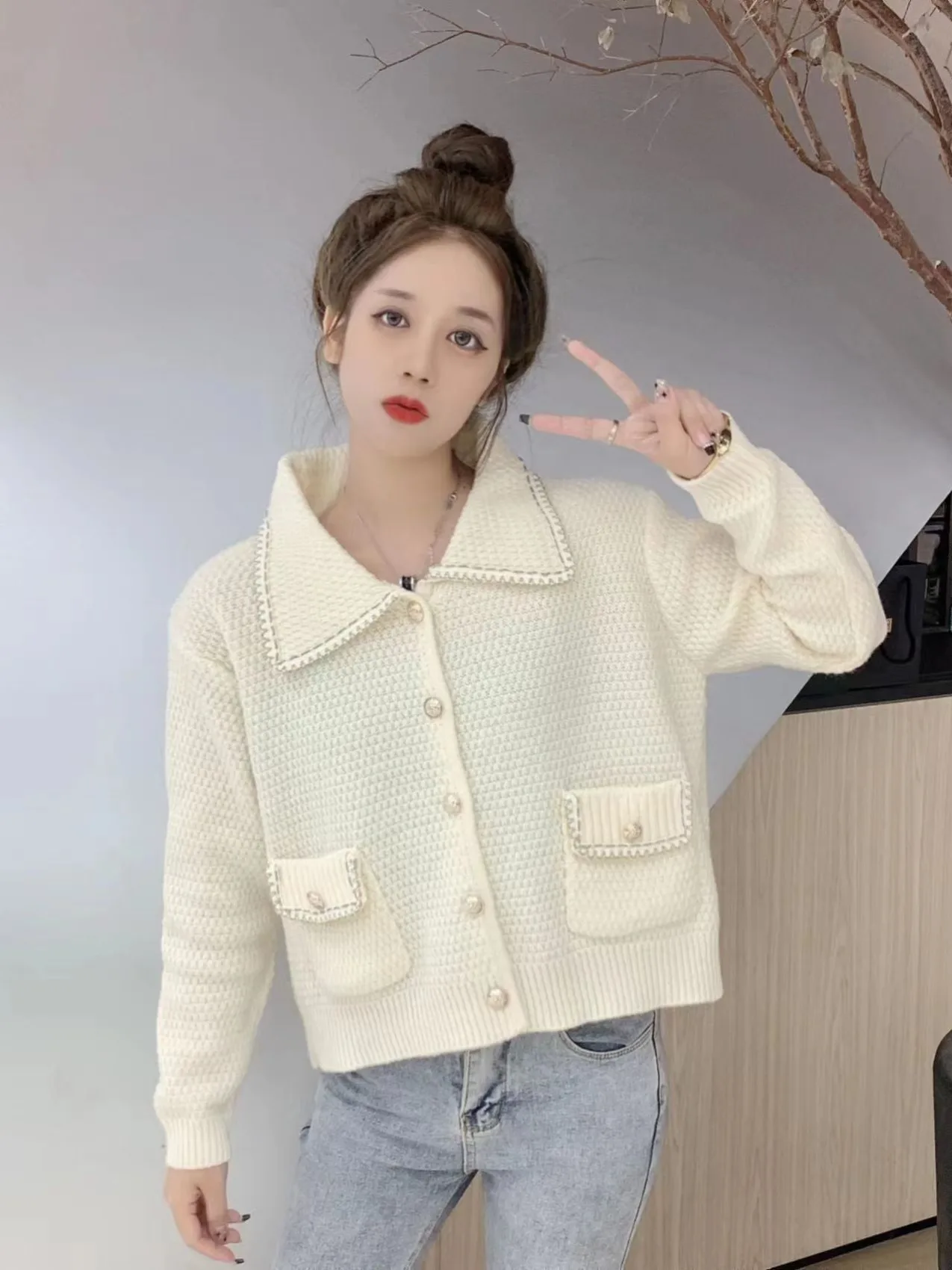 Knitted Sweater Women Cardigans New Unique Long Sleeve Turn Down Collar Knit Sweater Cardigan Women Tops Sueter Feminino Q2022