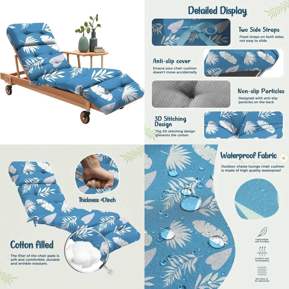 

Водонепроницаемая подушка для шезлонга с синим узором в виде листьев, 75x22x4.7, хлопковая замена для мебели для патио и бассейна