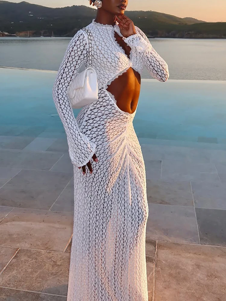 Image of Neues Herbst-Langarm-Strickkleid für Partys, Maxikleid mit Stickerei, Spitze und Jacquard-Muster, Sexy O-Ausschnitt, Figurbetontes Langes Kleid für Damen
