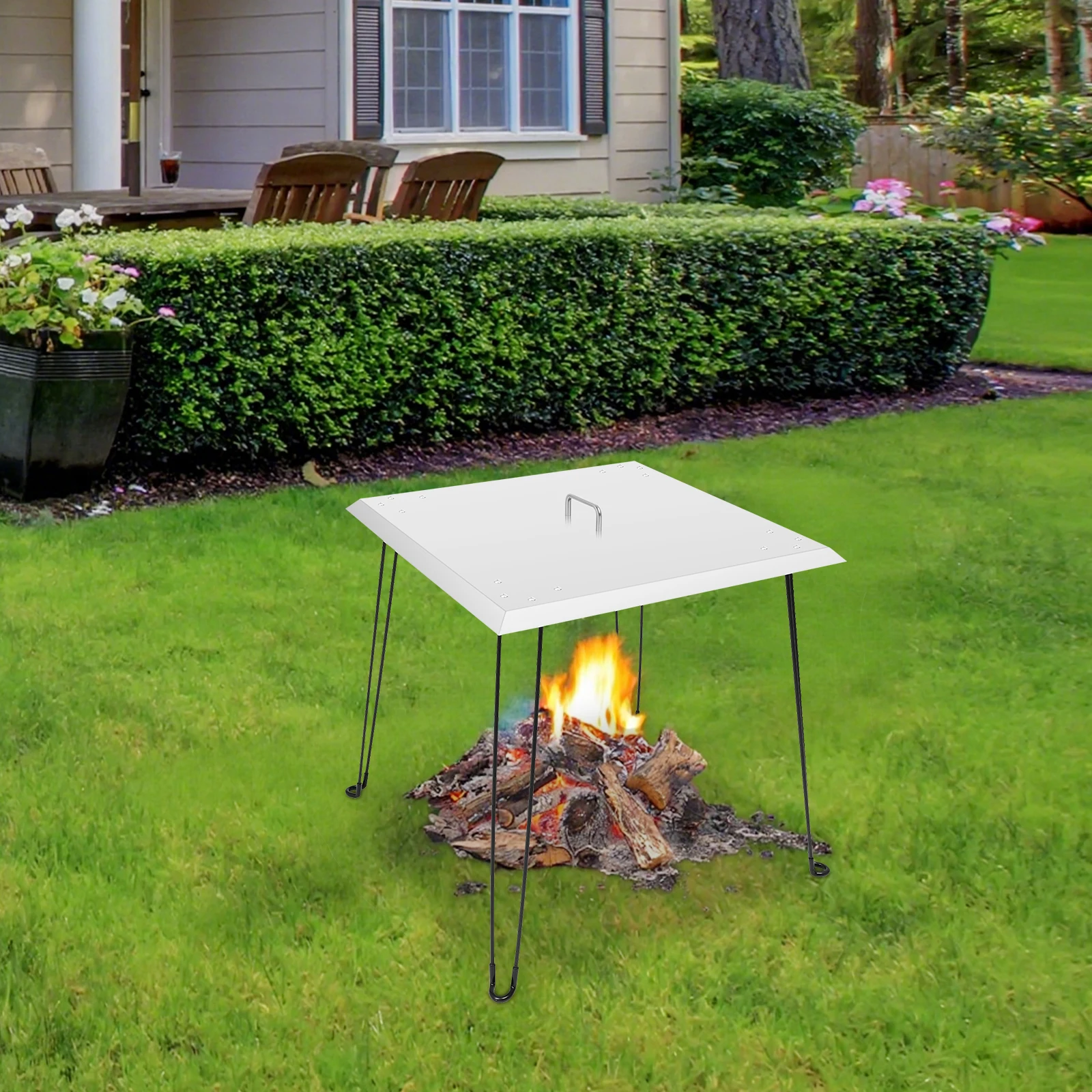 

Foldable Outdoors Fire Pit Heat Deflector Portable Fire Heat Deflector 24*24*24 In Stainless-Steel with Carrying Handle