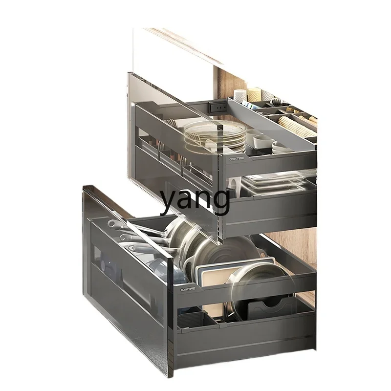 LHH  Kitchen Storage Pull Basket Kitchen Cabinet Dish Basket Double Drawer Pot