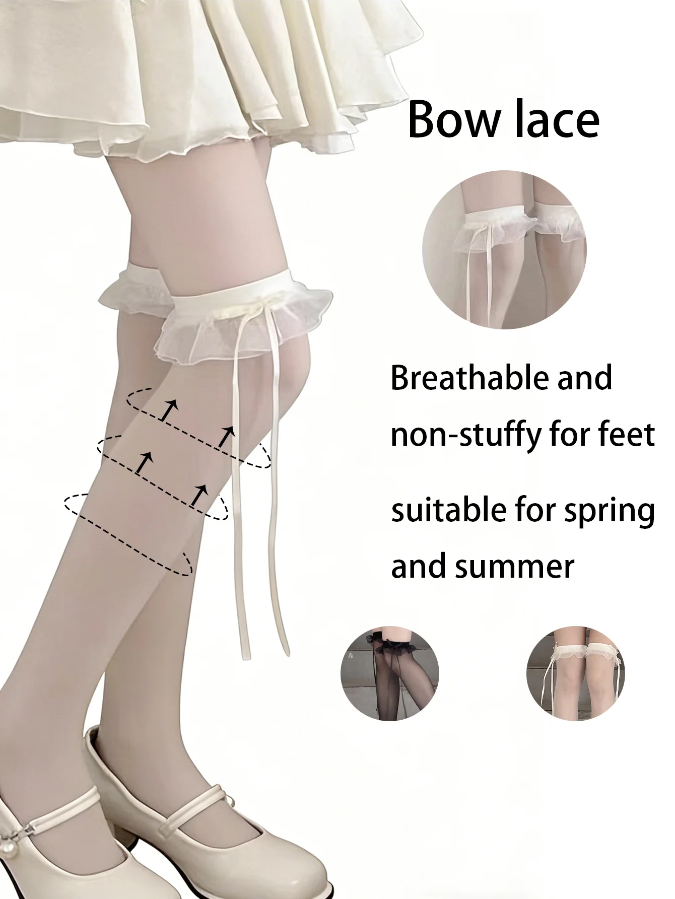 1 Paar Damen-Overknee-Strümpfe zum Valentinstag, weiße Spitze, Schleife, ultradünn, atmungsaktiv, im süßen Lolita-Stil, für den Frühling