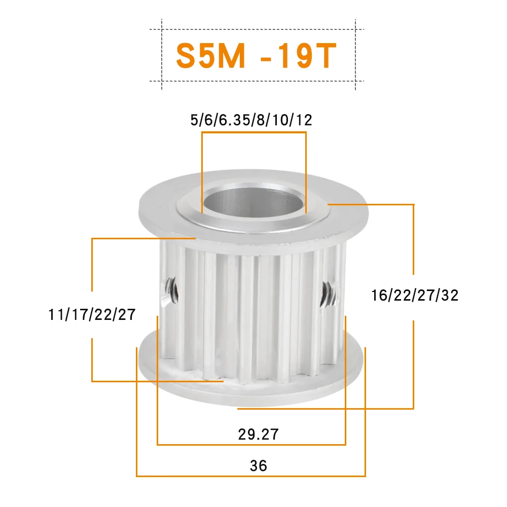 S5M Type 19T Alloy Pulley 11/17/22/27 mm Width Circular Tooth 5mm Pitch Pulley Wheel Bore 5/6/6.35/8/10/12mm STD5M Timing Belt