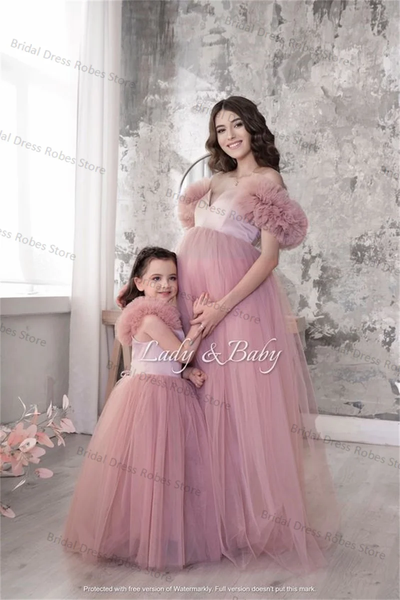 

Pink Women Maternity Dresses for Photo Shoot Sexy Off Shoulder Short Sleeves Robe Tiered Tulle Prom Wedding Pregnant Custom Made