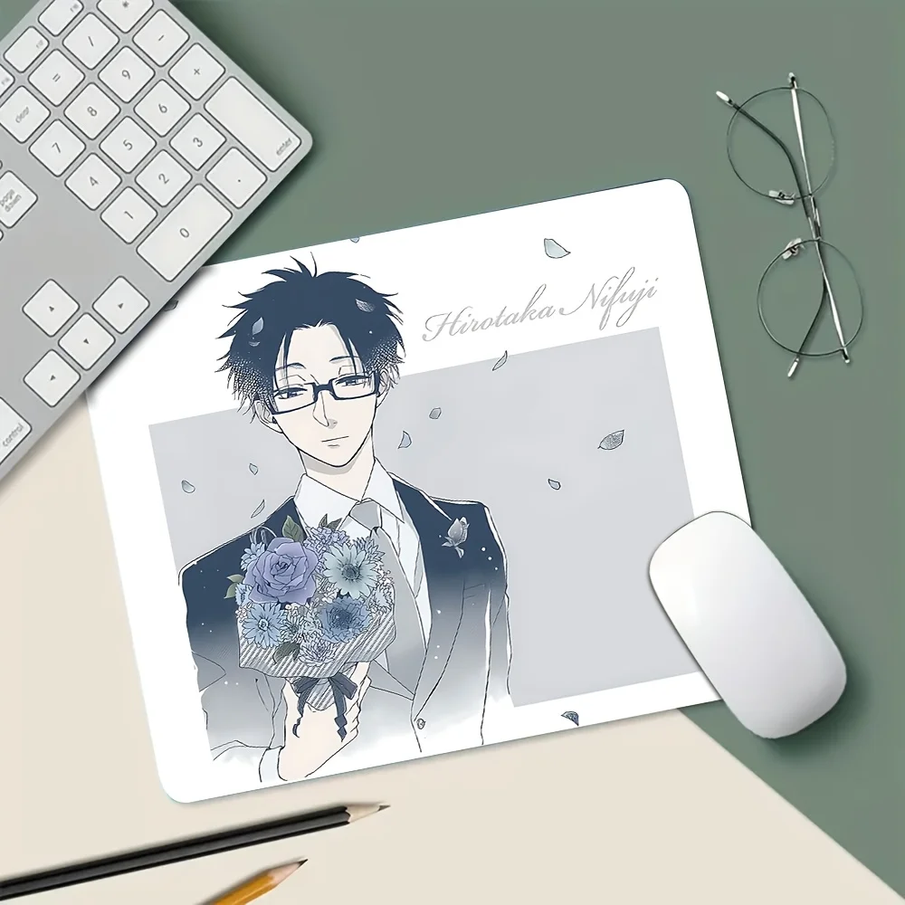 Kawaii Anime Style Gentleman Mouse Pad, Handsome Glasses Man with Blue Flowers Desk Mat, Non-Slip Smooth Mousepad