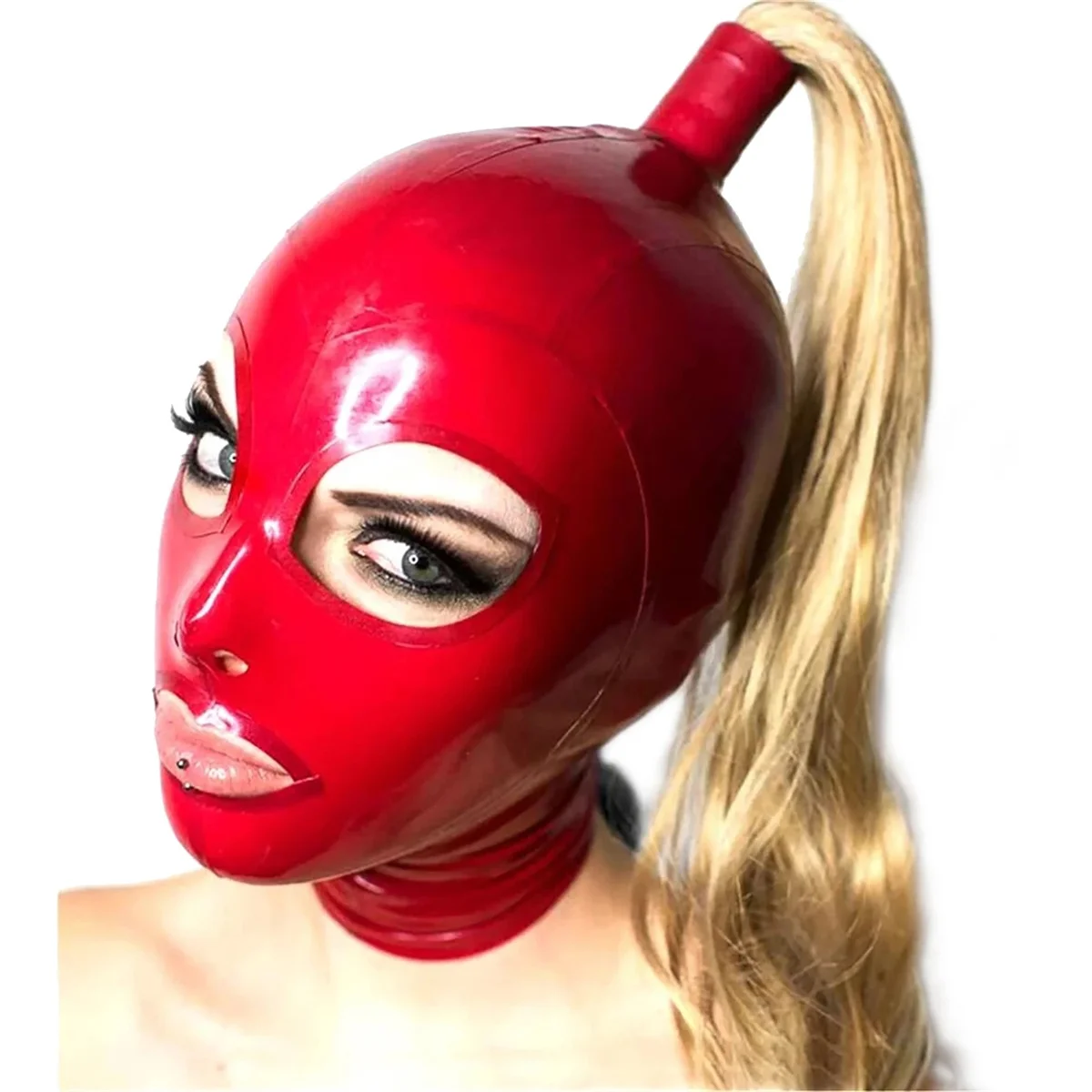 Sexy Latex Hood Red Wig Rubber Mask Handmade Halloween Cosplay Costumes for Men Women