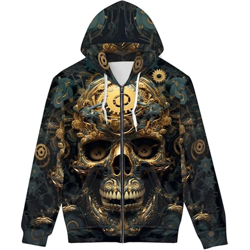 USA Flag Men's Zip Up Hoodies Autumn Fashion Skull 3D Printed Street Hip Hop Hooded Sweatshirts Long Sleeve Oversized Pullovers — zdjęcie 3