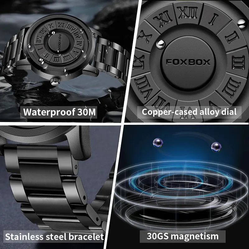 FOXBOX Watch Personalized Fashion Floating Magnetic Pointer Free Ball Bearing Creative Simple Waterproof Quartz Watch for Men