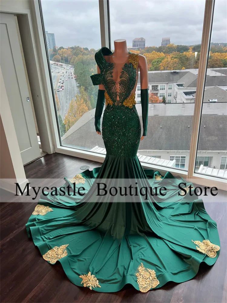 Luxury Green Beaded Appliques Mermaid Prom Dress For Black Girls 2025 Crystals Rhinestones Evening Dress Birthday Party Gowns