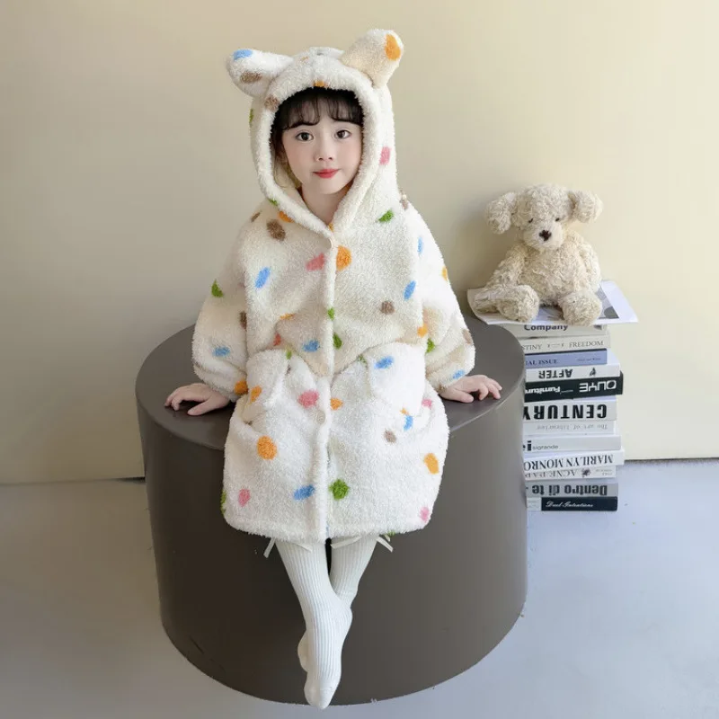 الفتيات الخريف الشتاء رداء رشاقته بيجامة مجموعة لينة روب للنوم البولكا نقطة المتسكعون مقنعين ثوب النوم العصرية ملابس الأطفال #1