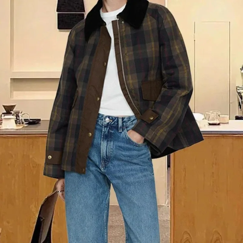 

Spring Full-Sleeve Zipper Pocket Lapel Single-Breasted Coat Casual Plaid Patchwork Women's Jacket For Office & Travel Fall Gift