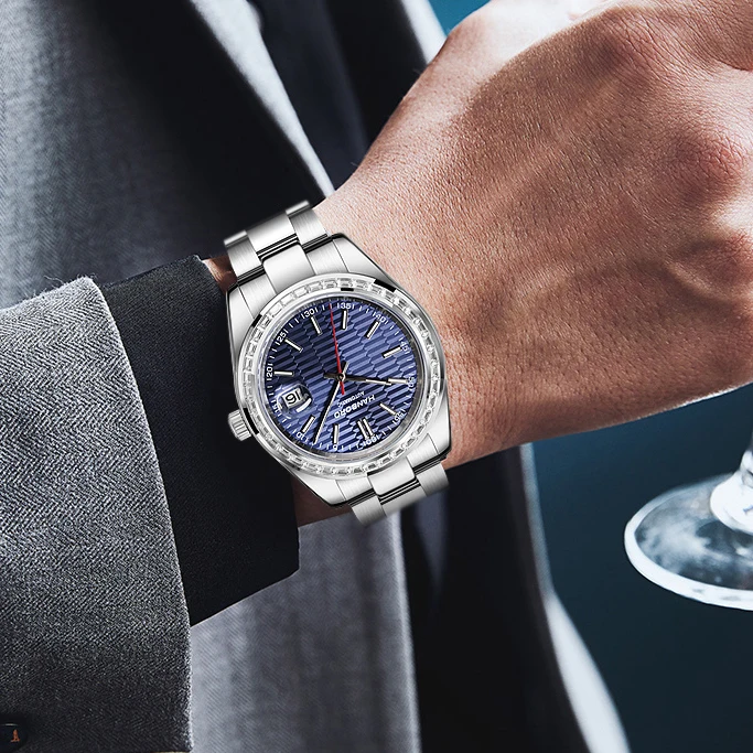 HANBORO Мужские роскошные часы 40 мм Автоматические механические наручные часы 50 м Водонепроницаемые светящиеся хрустальные безели Дата