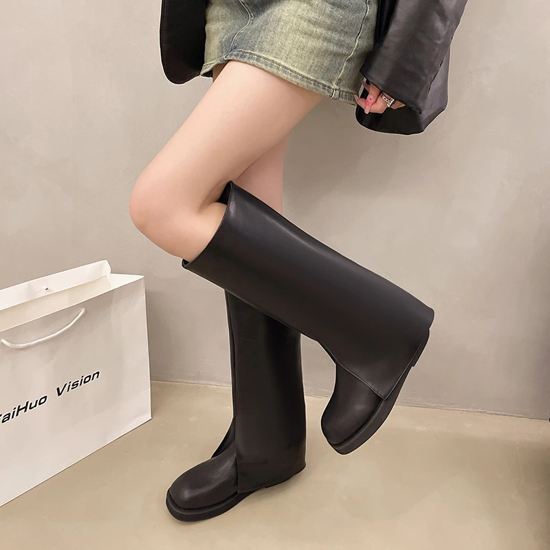 Jesienne buty kowbojskie dla kobiet Moda Slip on Long Pipe Boots Female Square High Heel Trend Winter Footwear Thigh High Boots