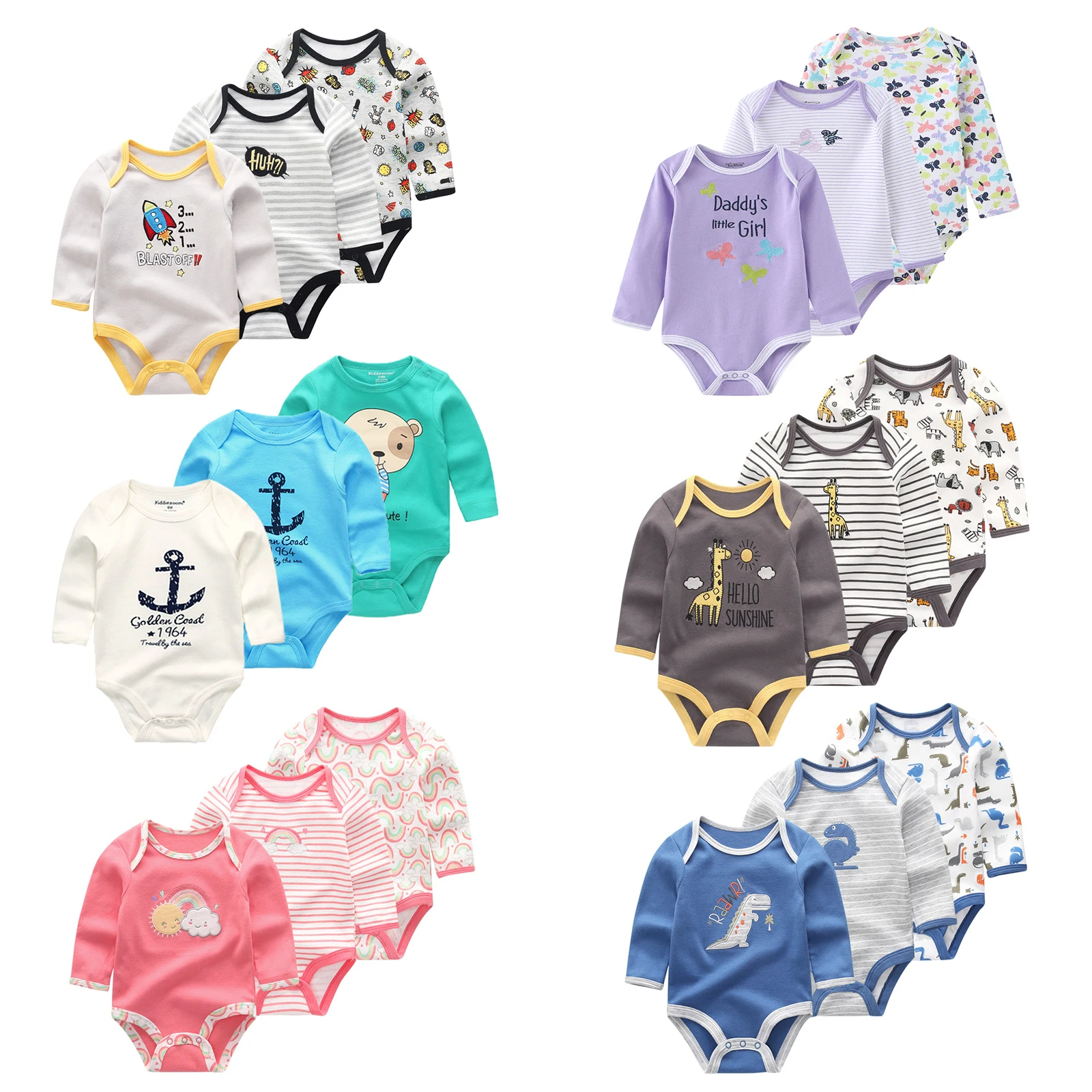 Cartoon Baby Boy Girl Bodysuits 3-Pack Unisex Long Sleeve Onesies Spring Autumn Cotton Infant Clothing Sets