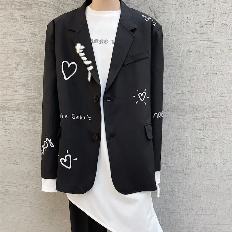 

Spring New Personalized Printed High Street Suit Korean Fashion Single Breasted Black Turn-down Collar Men's Blazer WA490