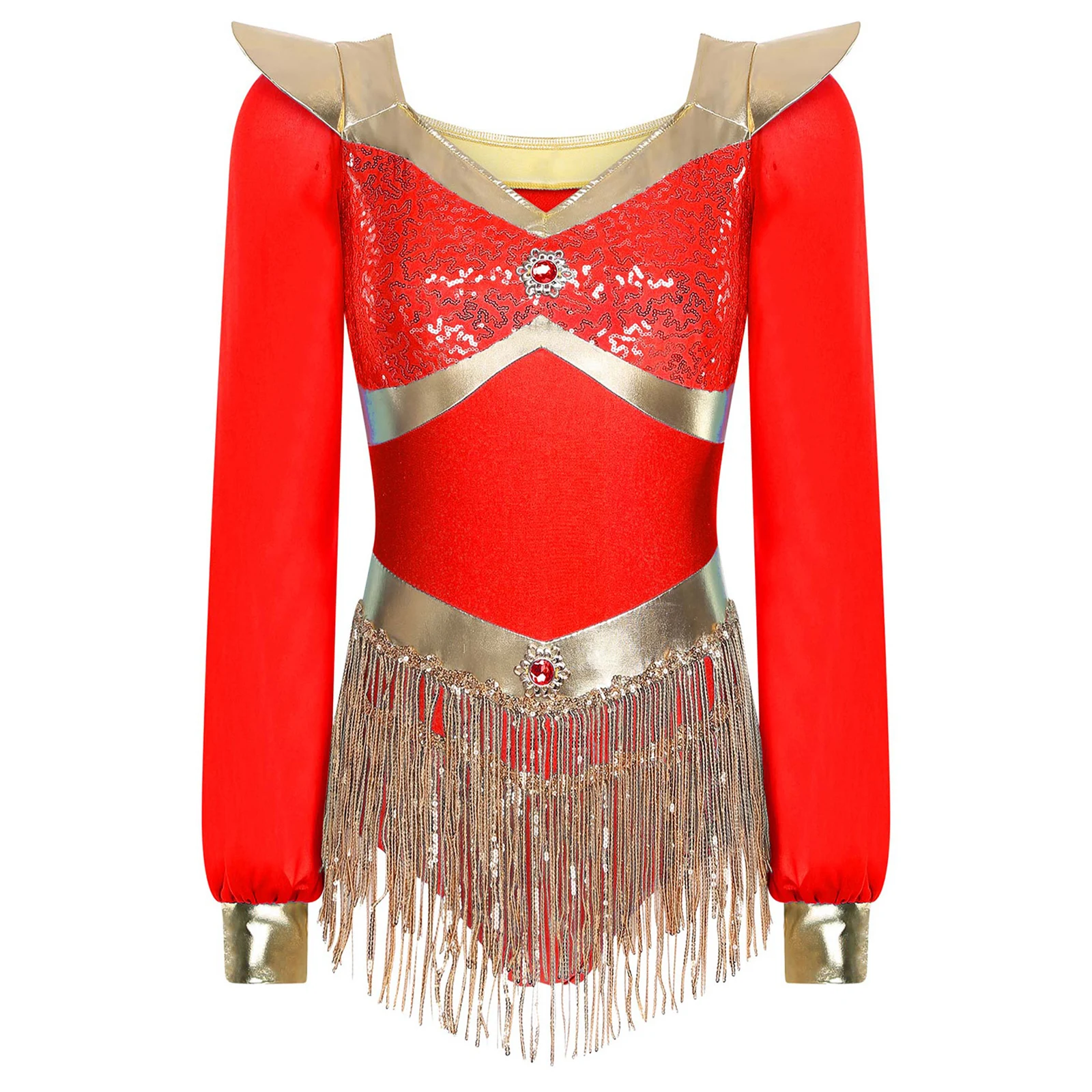 

Arabian Belly Dance Costume Womens Glossy Metallic Jumpsuit Sheer Chiffon Sleeves Rhinestones Tassels Princess Party Cosplay