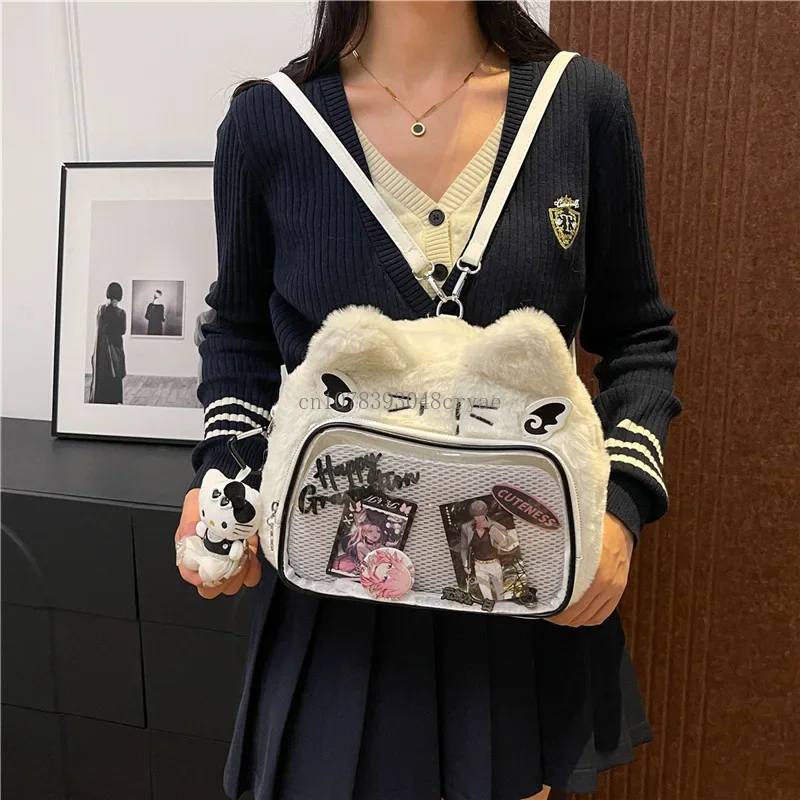 Japanese Cute Fluffy Plush Cat Transparent Ita Bag Y2k Casual Harajuku Kawaii Women Crossbody Bag Preppy Style Cute Schoolbag