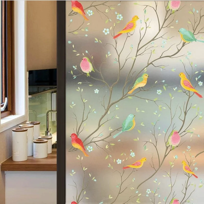 Colorful Bird Frosted Window Film Static Cling Stained Stickers for Home Office