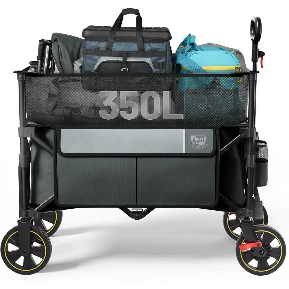 

Large 350L Collapsible Utility Wagon with Brake, Extended Height, Adjustable Handle, Cup Holders, Side Pocket - Gray