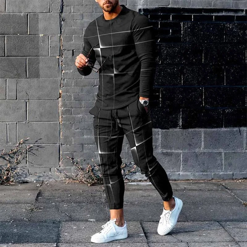 2023 Men\'s Sets Animal Pattern Lion 3D Printing Long Sleeves T-shirt+Trousers O-Neck Sweatshirt Jogger Sportswear 2 Piece Suit