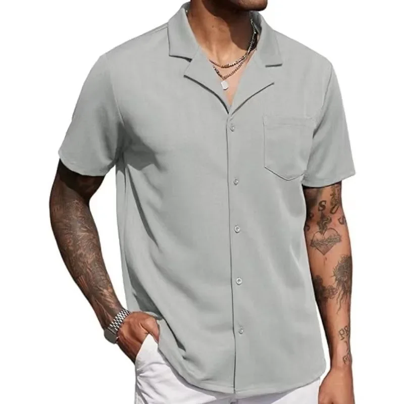 New Mens Shirts Summer Button Short Sleeve Cuban Knitted Beach Shirt for Men