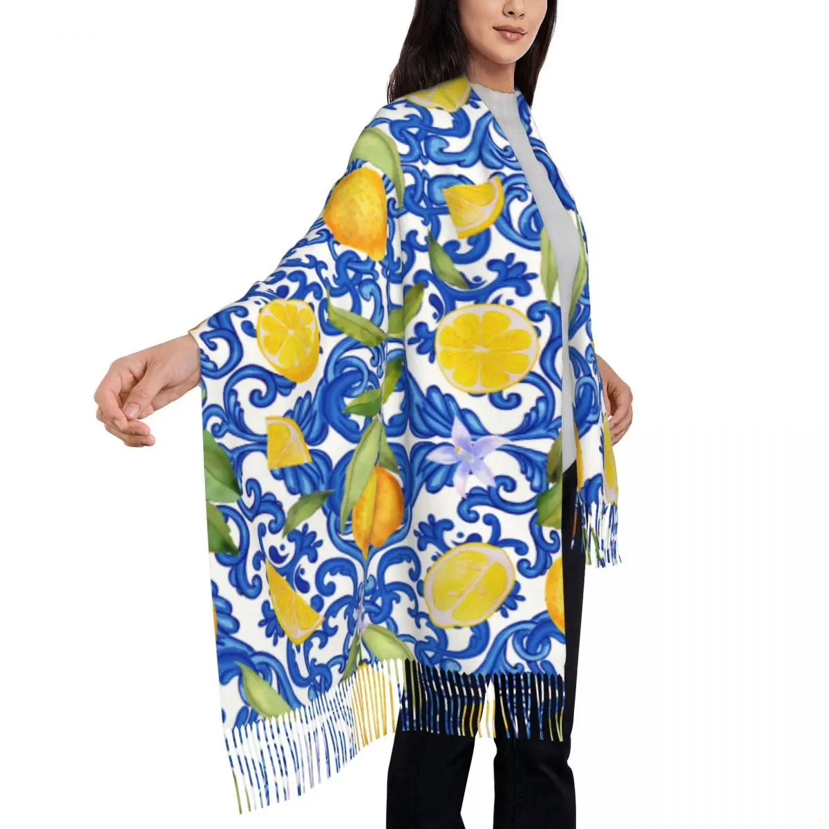 Personalized Printed Mediterranean Style Lemon Long Pile Fringe Men Scarf Women'S Anti Chill Scarf