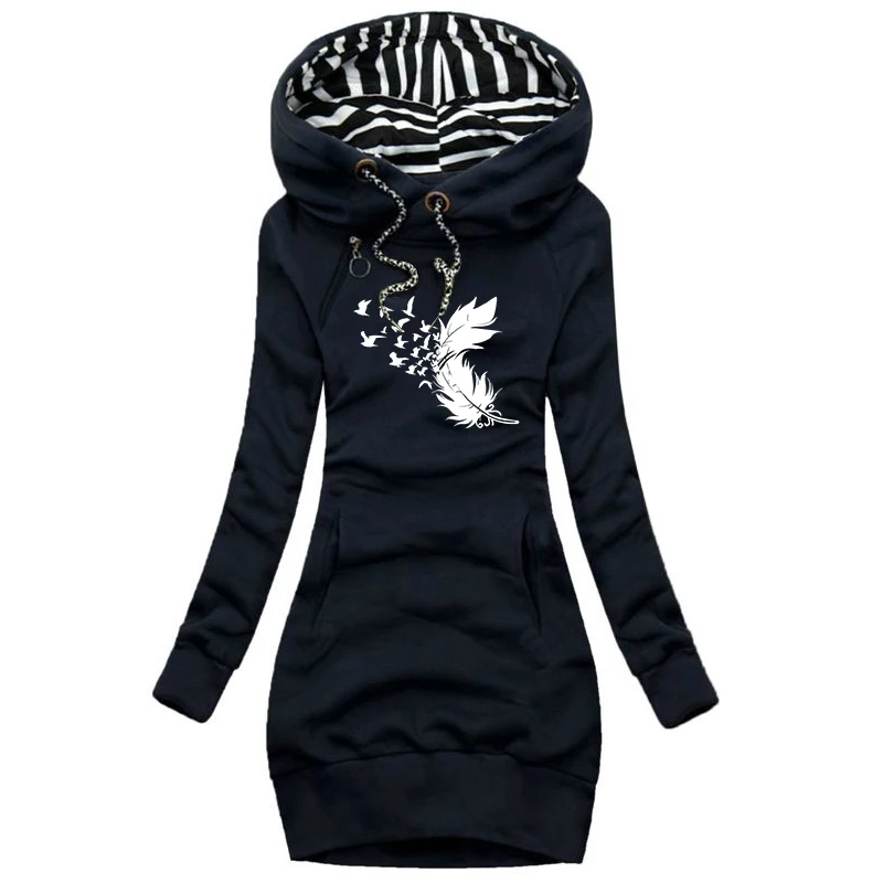 Women's Sweater Printed Dress Long Sleeve Hoodie Dress Autumn and Winter Casual Slim Sweater Hoodie Dress