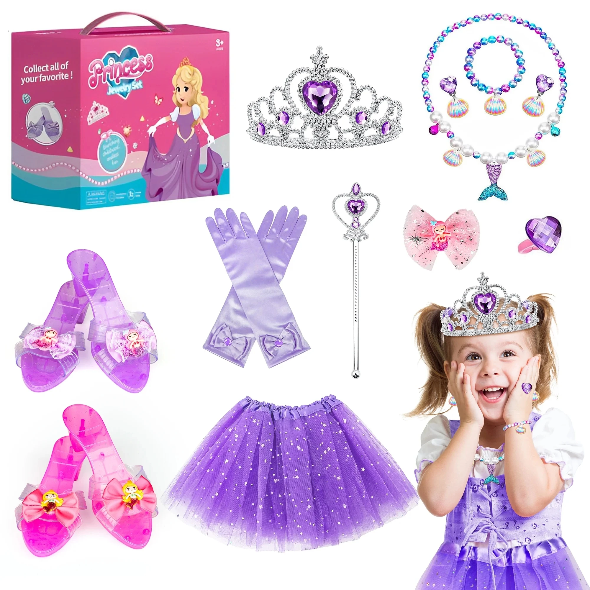 Girl Princess Toy, Dress Up Toy Set for Little Girls, Jewelry, Crown and Shoes, Princess Pretend Play Toy Gift For 2 3 4 5 6