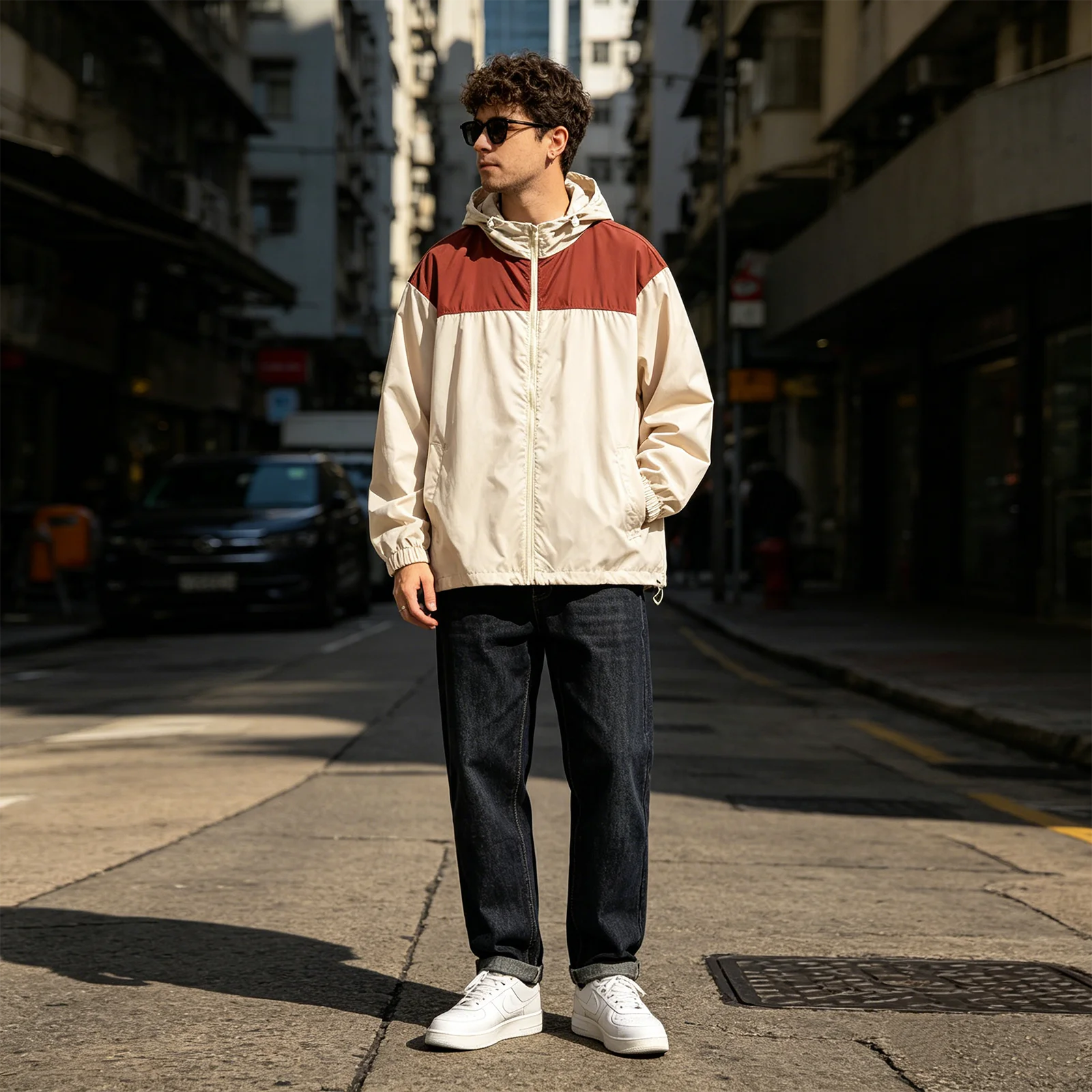 Men's Lightweight Windbreaker Jackets Unisex Hooded Pocket Raincoat Jacket Patchwork Zip Up Outdoor Pullover Coats Plus Size