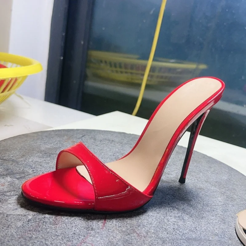 Stylish Red Patent Leather High Heel Slippers Open Toe Cover Heels Women Summer Sandals Big Size 46 Drop shipping