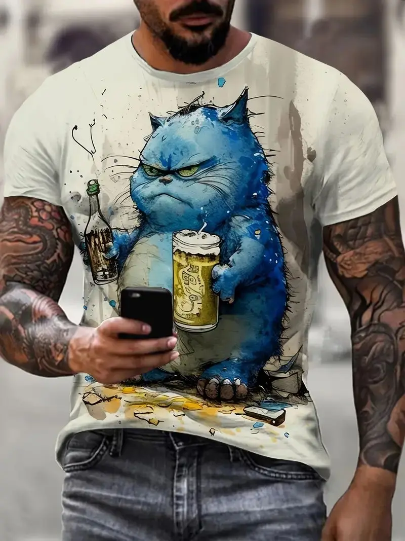 Summer Men's T Shirt Short Sleeve Animal Print Casual O-Neck Oversized Pullover Fashion Streetwear Male Clothing Cat T-Shirts