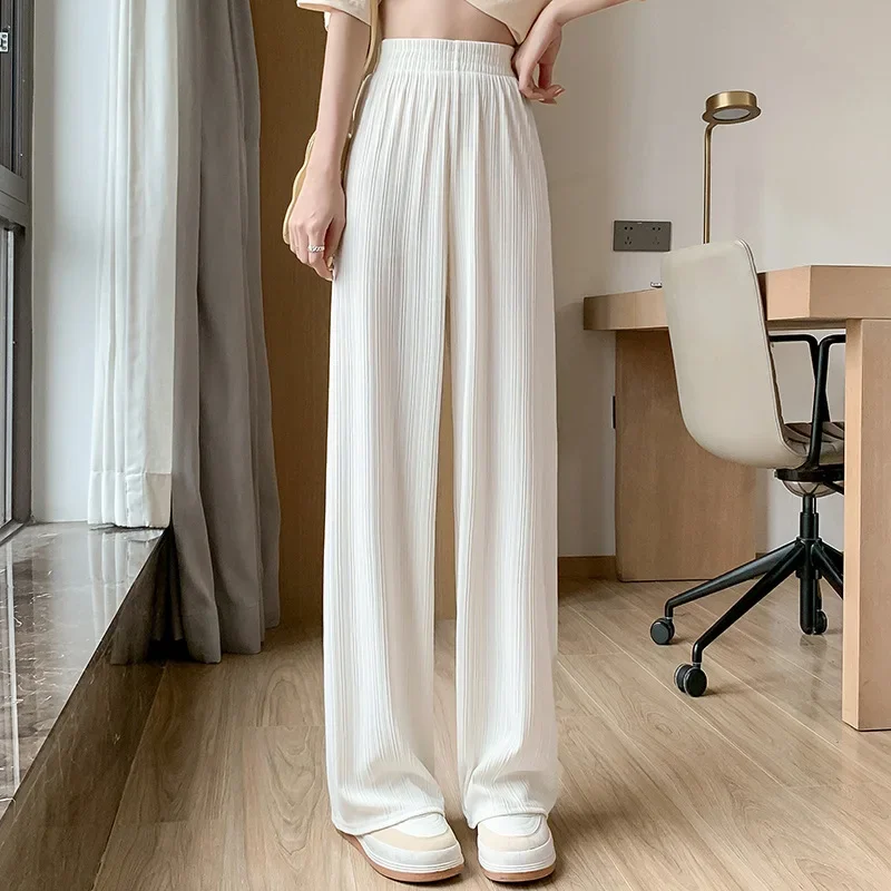 Ice Silk Wide Leg Pants Women\'s Summer Thin Chiffon Moped Pants High Waist Loose Straight Pants Slim Street Fashion Casual Pants