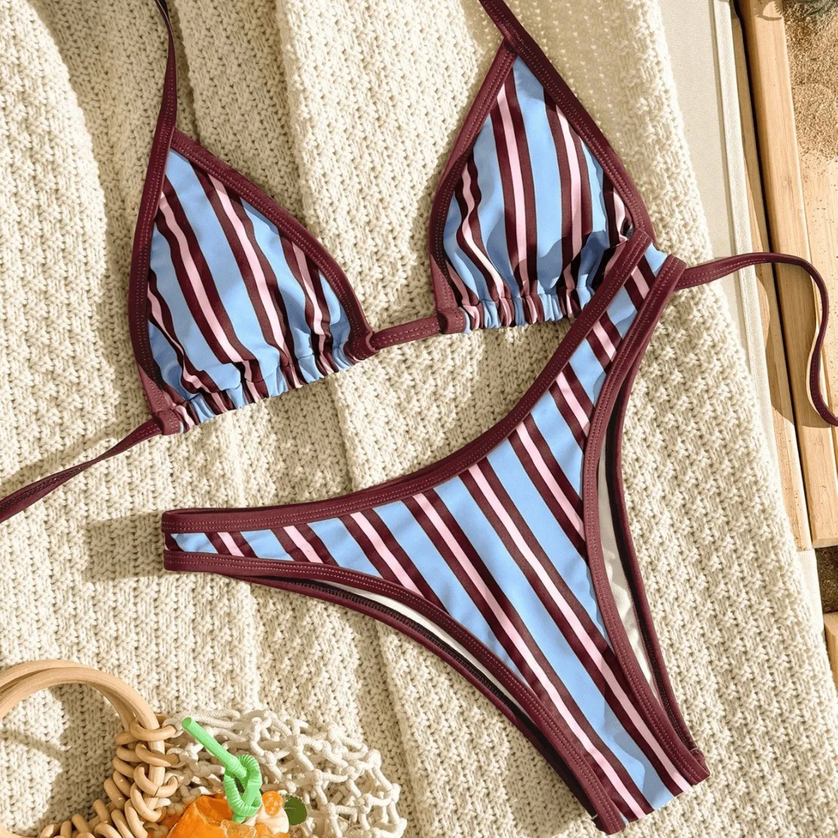 Summer Vertical‑Striped Bikini Swimsuit Halter Triangle Tie‑Up Top Contrast Burgundy Binding High‑Leg Women Vacation Beachwear