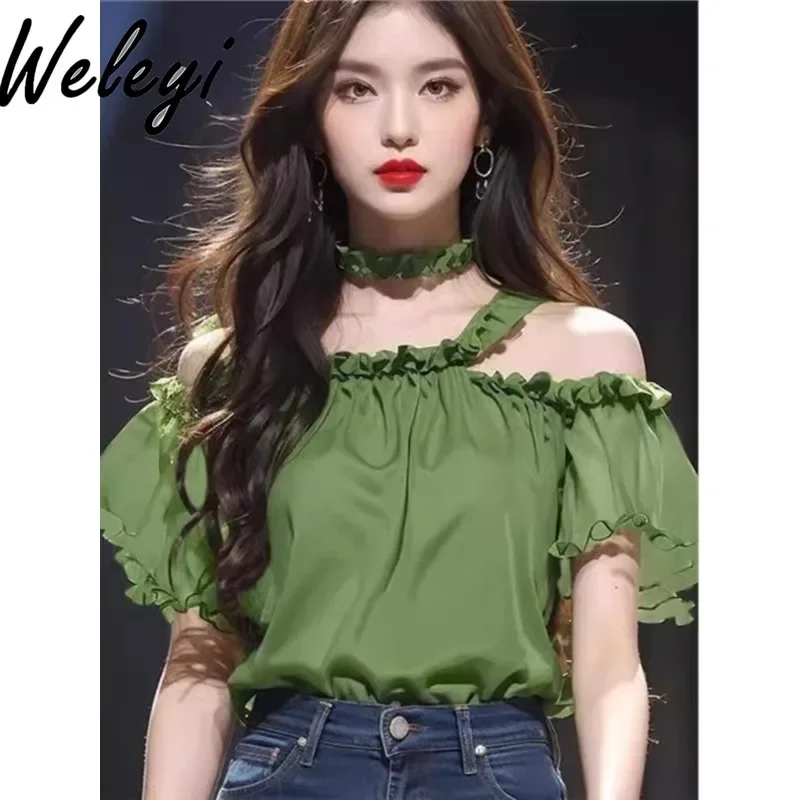 

This Year's Popular Beautiful Shirts Green Chiffon Off The Shoulder Koszule I Bluzki Women's Summer 2024 New Chic Versatile Tops