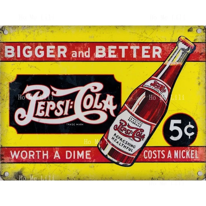 Omsc Pepsi-cola Letrero de metal más grande y mejor que vale la pena un dime 8 x 6 Og