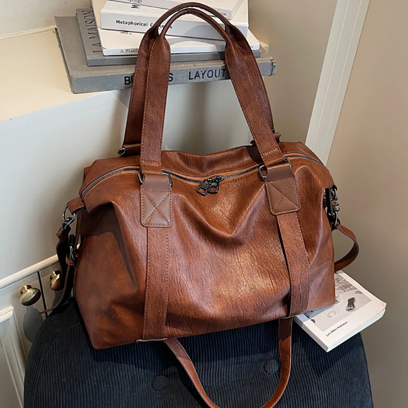 特大ダッフルバッグソフト PU レザー大容量黒ショルダークロスボディバッグ旅行ショッピング女性の高級ハンドバッグ