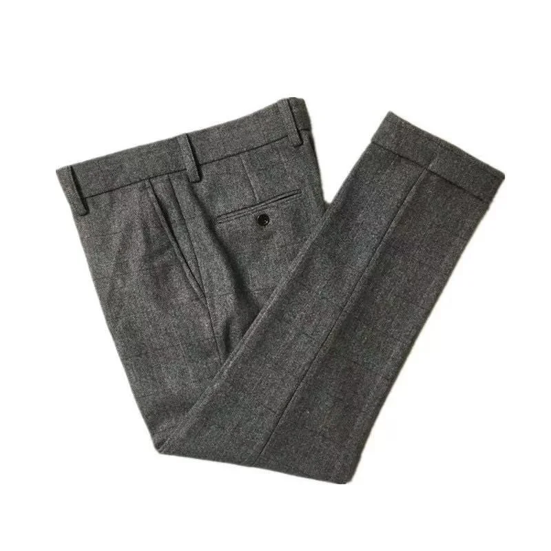 Autumn New Warm Wool Herringbone Casual Trousers British Retro Woolen Loose Straight Pants for Men