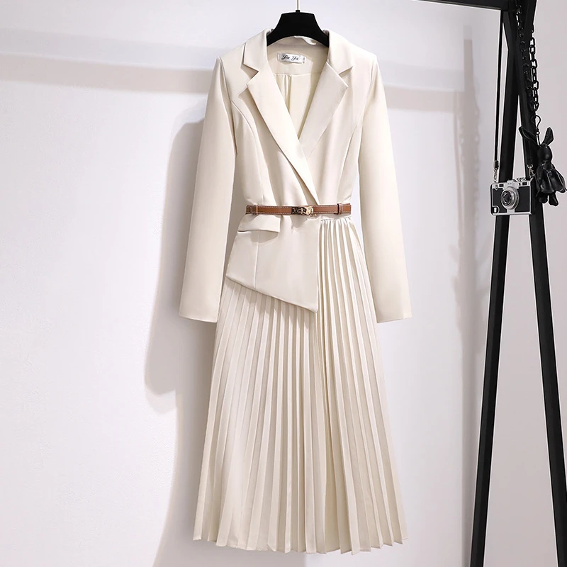 

Suit Dress Women's 2022 Spring New High-end Suit Collar Temperament Thin Slim Belt Long Sleeve Solid French Pleated Skirt Trend