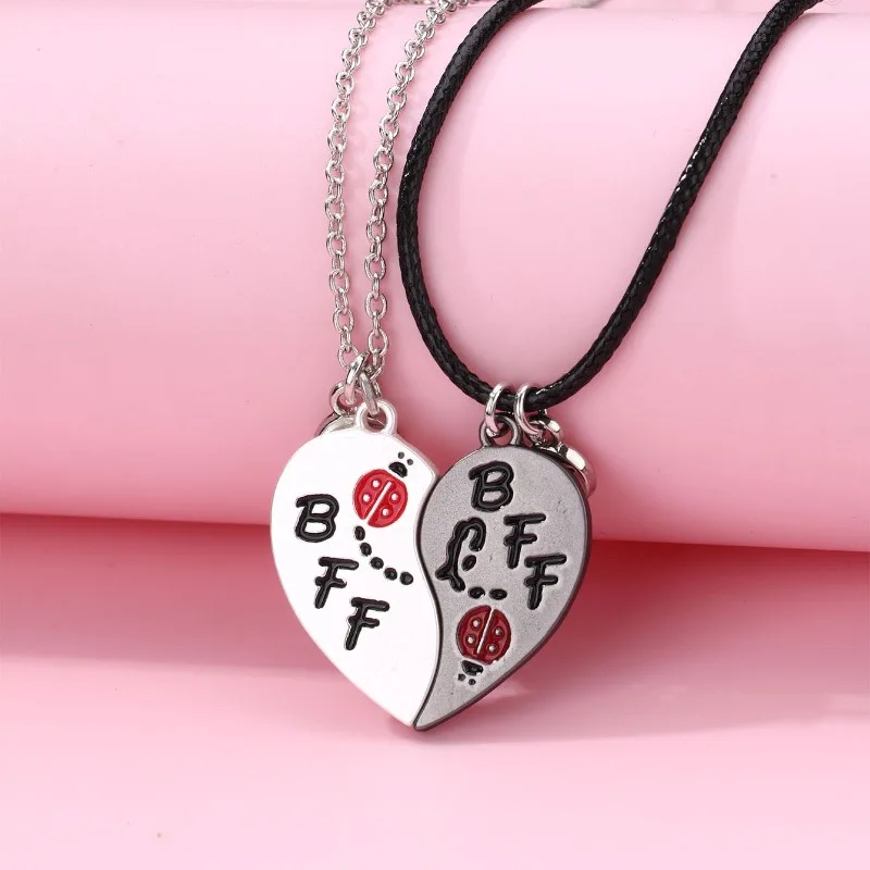 Lovecryst 2Pcs/set Heart-shaped Letter BFF Ladybug Best Friend Necklace BFF Friendship Jewelry Gifts for Kids