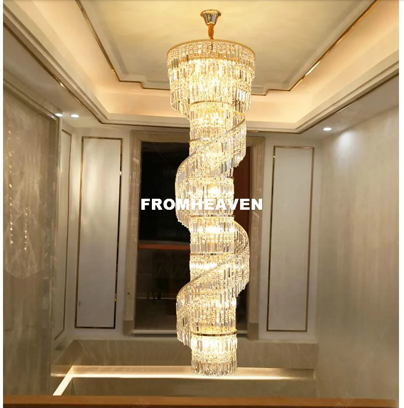 Free Shipping D60cm H200cm Golden Luxury Crystal Chandelier Crystal For Hotel Lobby Double Floor Staircase Crystal Pendant Lamp