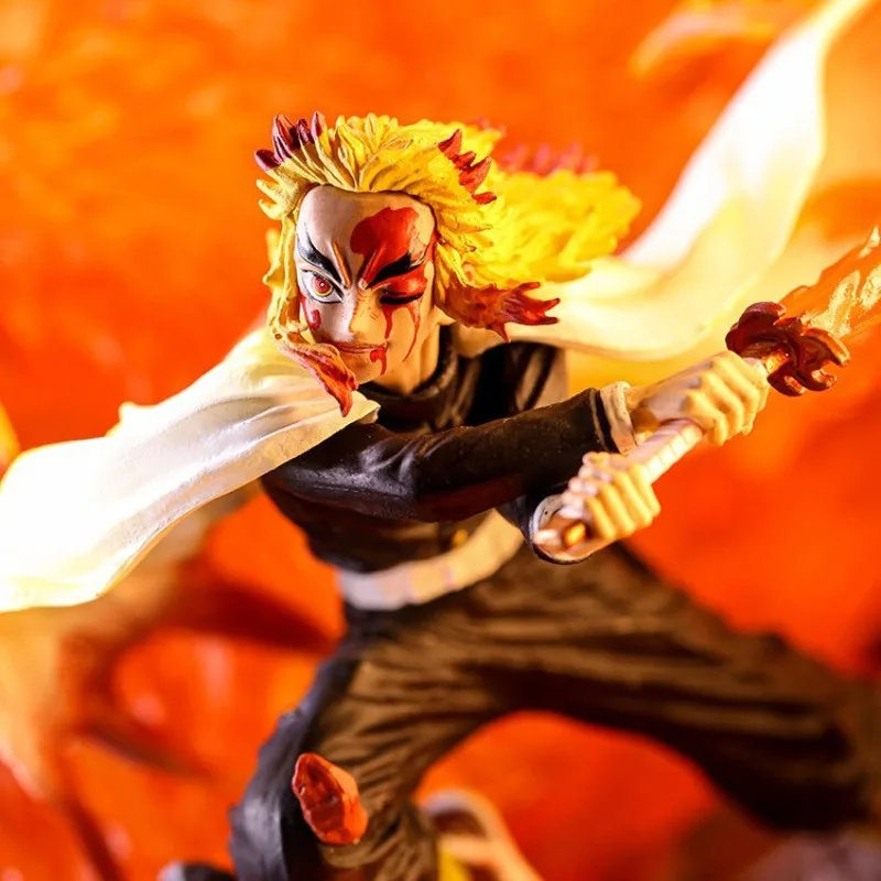 

27cm Demon Slayer Kyojuro Rengoku GK Statue with Flame Breathing Light-Up Feature PVC Boxed Scene Model Ornament Collectible
