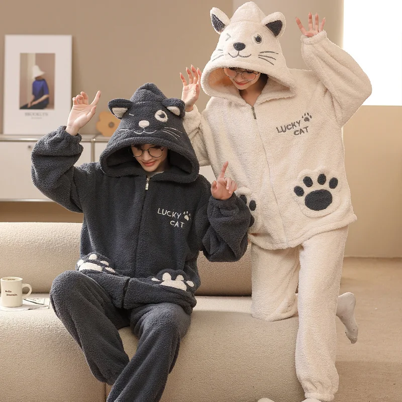 New 2024 Couple Pajamas Set Women's Thickened Fleece-lined Coral Velvet Men Sleepwear For Winter Cute Cat Homewear