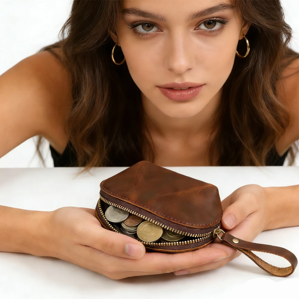 Genuine Leather Coin Purse - Compact Mini Wallet for Coins, Cards, Keys - Handcrafted Vintage Zipper Pouch for Men and Women
