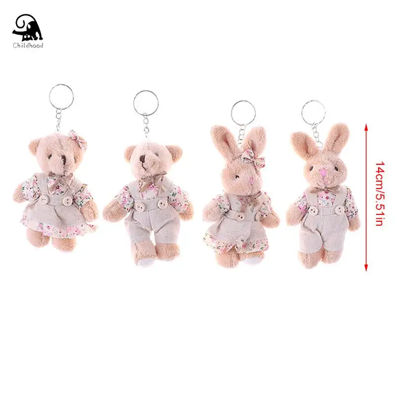 2pcs Couple Bear Rabbit Plush Toys Floral Cloth Teddy Bear Rabbit Bunny Dolls Key Bag Pendants Lovers Friends Gift 11cm 1 Pair