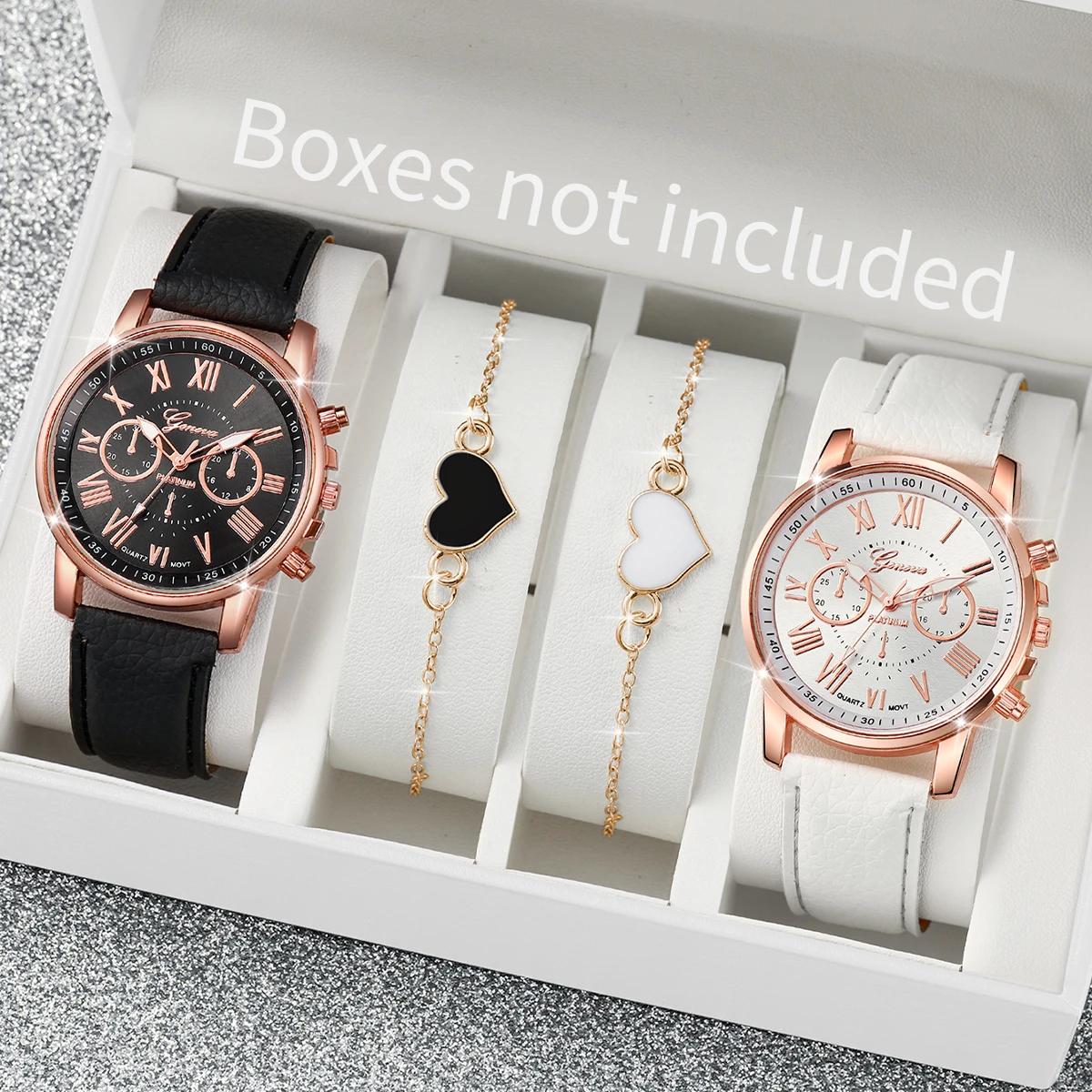 4PCS Fashion Women Watches Simple Roma Dial Quartz Watch Ladies Leather Band Wristwatches Heart Bracelets Set(Without Box)
