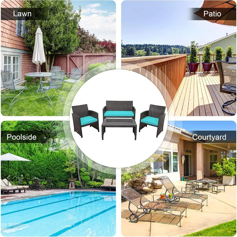 4 Pieces Wicker Patio Furniture Set, Outdoor PE Rattan Conversation Set with Chairs,Loveseat, Coffee Table,Cushions for Poolside