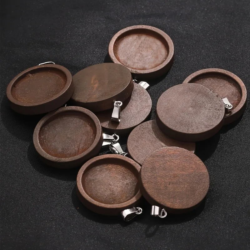 10pcs Brown Wooden Round Blank Pendant Wood Pendant Tray Accessories
