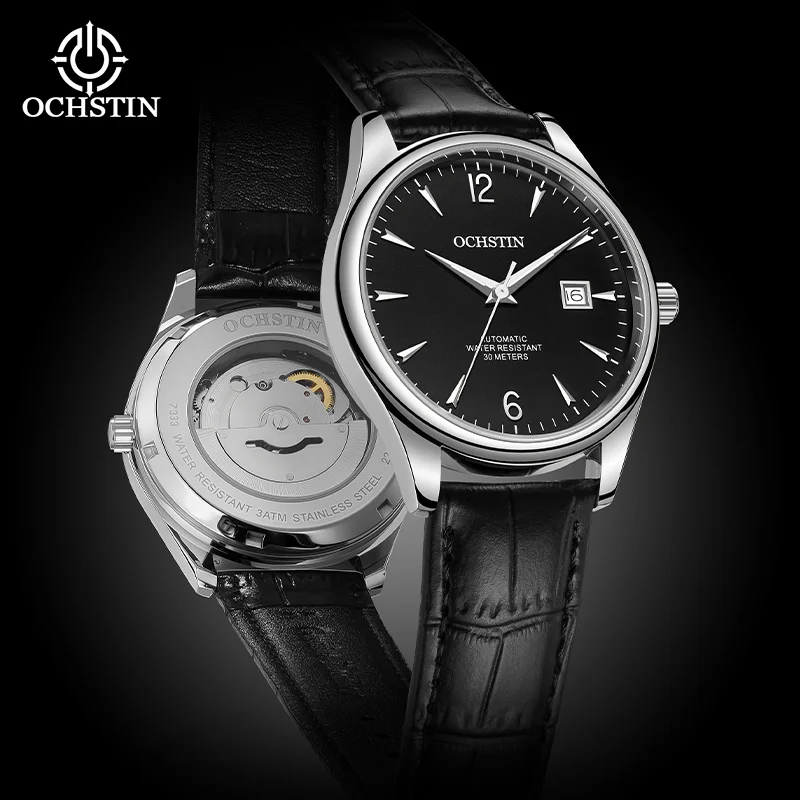 OCHSTIN Man Automatic Self-winding Mechanical Movement Watches Men's Breathable Comfortable Leather Wristband Calendar Clock