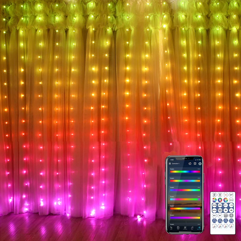 Fairy Curtain LED Light DC5V RGBIC WS2812B Smart Curtain String Light Bluetooth APP Control Christmas Fairy Light 3m200LEDs