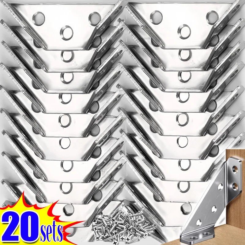 

20/1sets Corner Brackets Stainless Steel Furniture Angle Shelf Connector Cabinet Support Fixing Frame Corner Brace with Screw